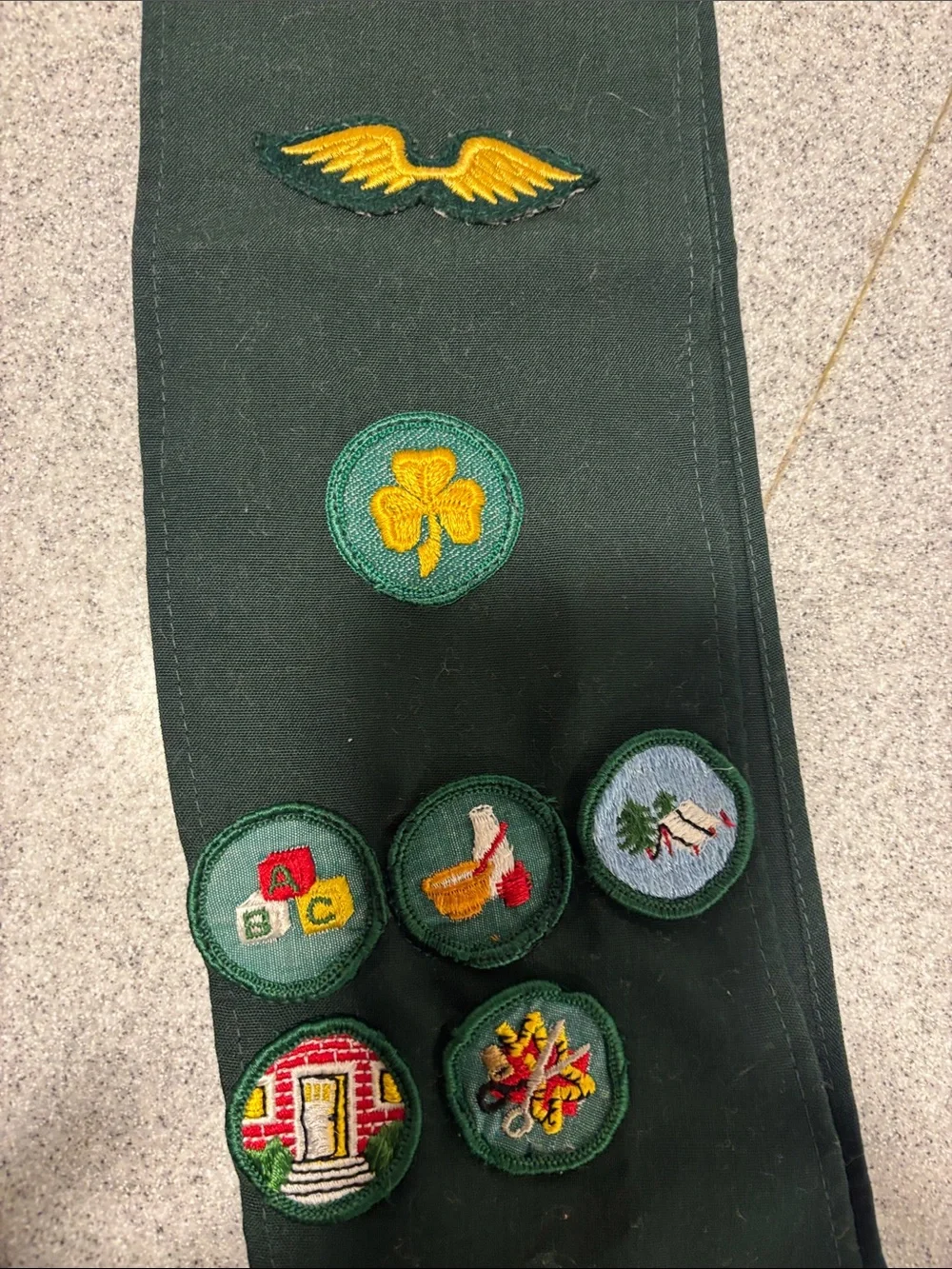 Vintage Girl scouts Merit Badge Sash with Yellow and Red Embroidered Patches